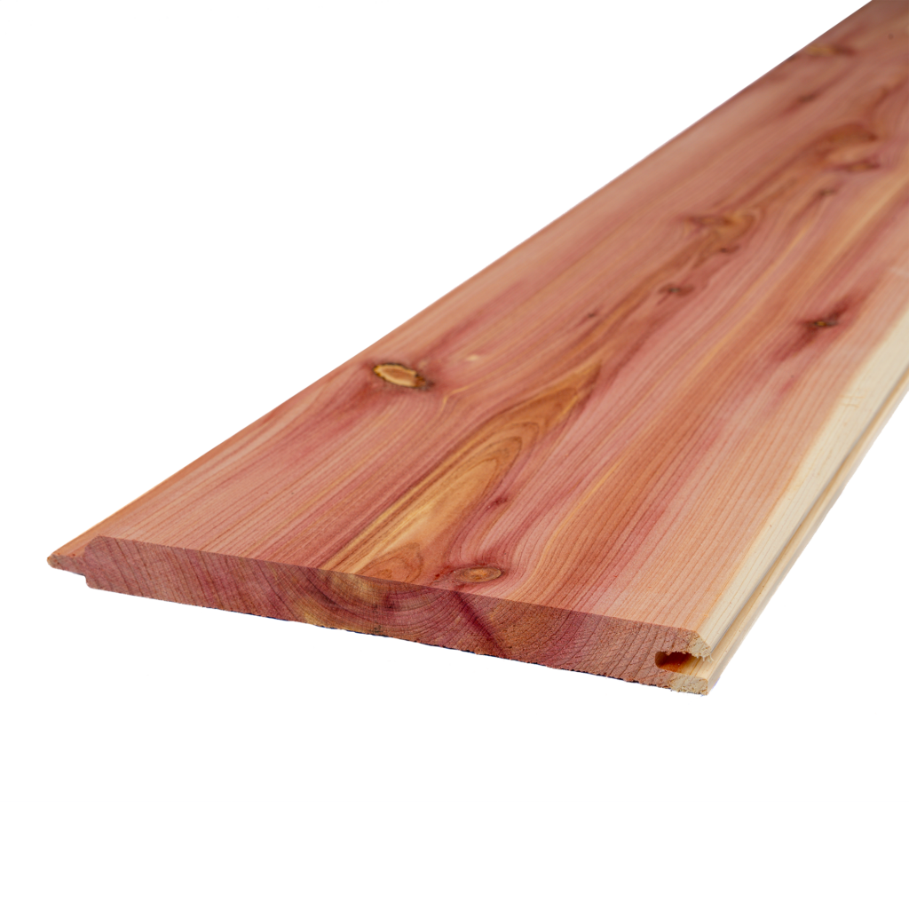 Eastern Red Cedar tongue and groove board, 1/2" x 5" x 8', V-groove on one side and smooth on the other, perfect for ceilings, walls, soffits, and closet liners, available from Mountain Milling Co.