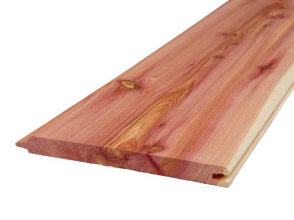 Tongue and groove wood plank showcasing rich grain patterns and a smooth finish, ideal for creating a clean and finished look in construction and woodworking projects.
