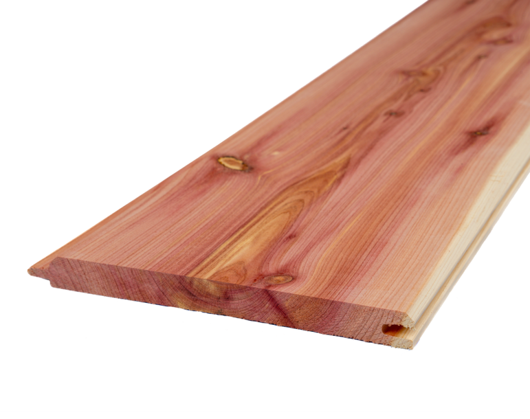 Eastern Red Cedar tongue and groove board, 1/2" x 5" x 8', V-groove on one side and smooth on the other, perfect for ceilings, walls, soffits, and closet liners, available from Mountain Milling Co.