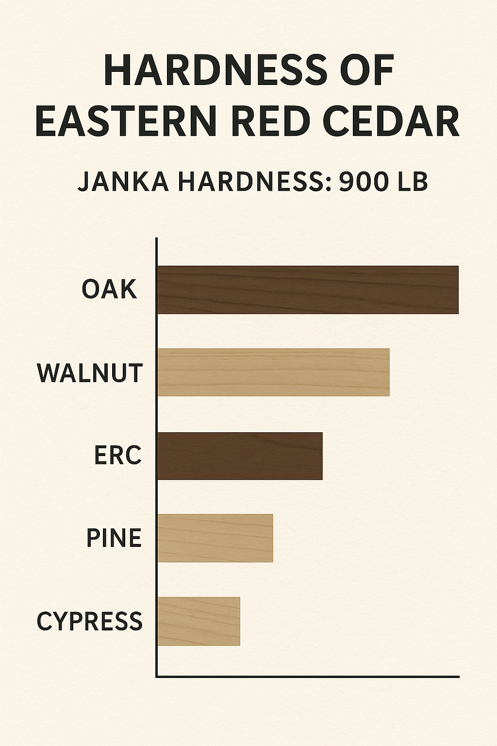 Bar graph comparing Janka hardness of Eastern Red Cedar (900 lb) with oak, walnut, pine, and cypress, illustrating Eastern Red Cedar's superior hardness among common hardwoods and softwoods.