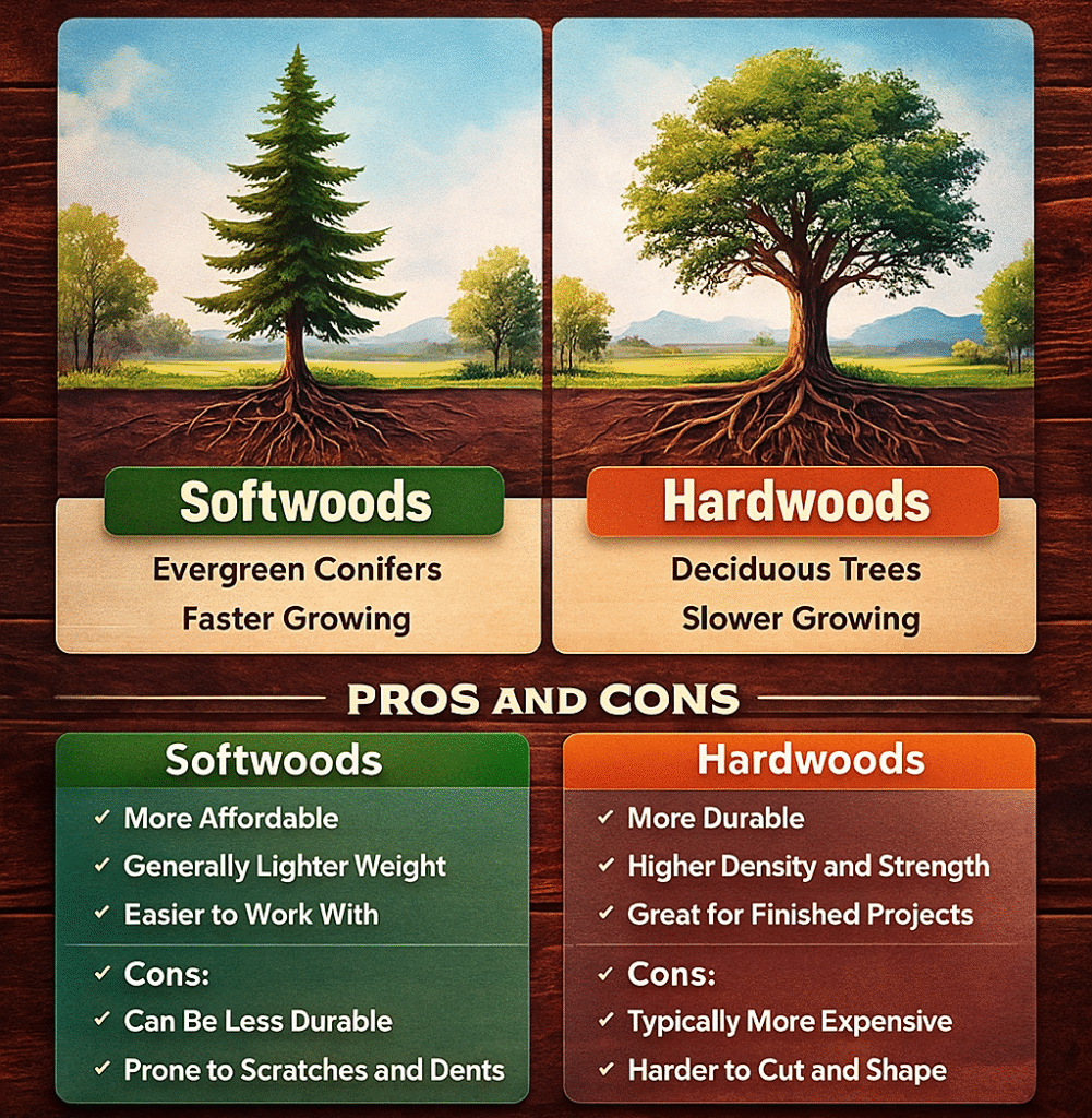 Illustrative graphic comparing softwoods and hardwoods, featuring trees, pros and cons, and key characteristics of each type of wood.
