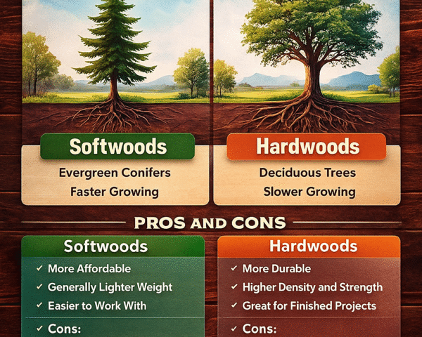Illustration comparing softwoods and hardwoods, featuring a softwood tree on the left and a hardwood tree on the right, with pros and cons listed for each type of lumber, relevant to Eastern Red Cedar projects.