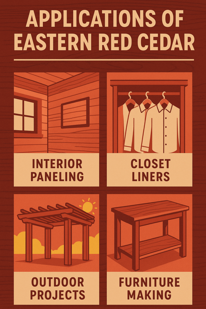 Applications of Eastern Red Cedar including interior paneling, closet liners, outdoor projects, and furniture making, illustrated in a graphic format.
