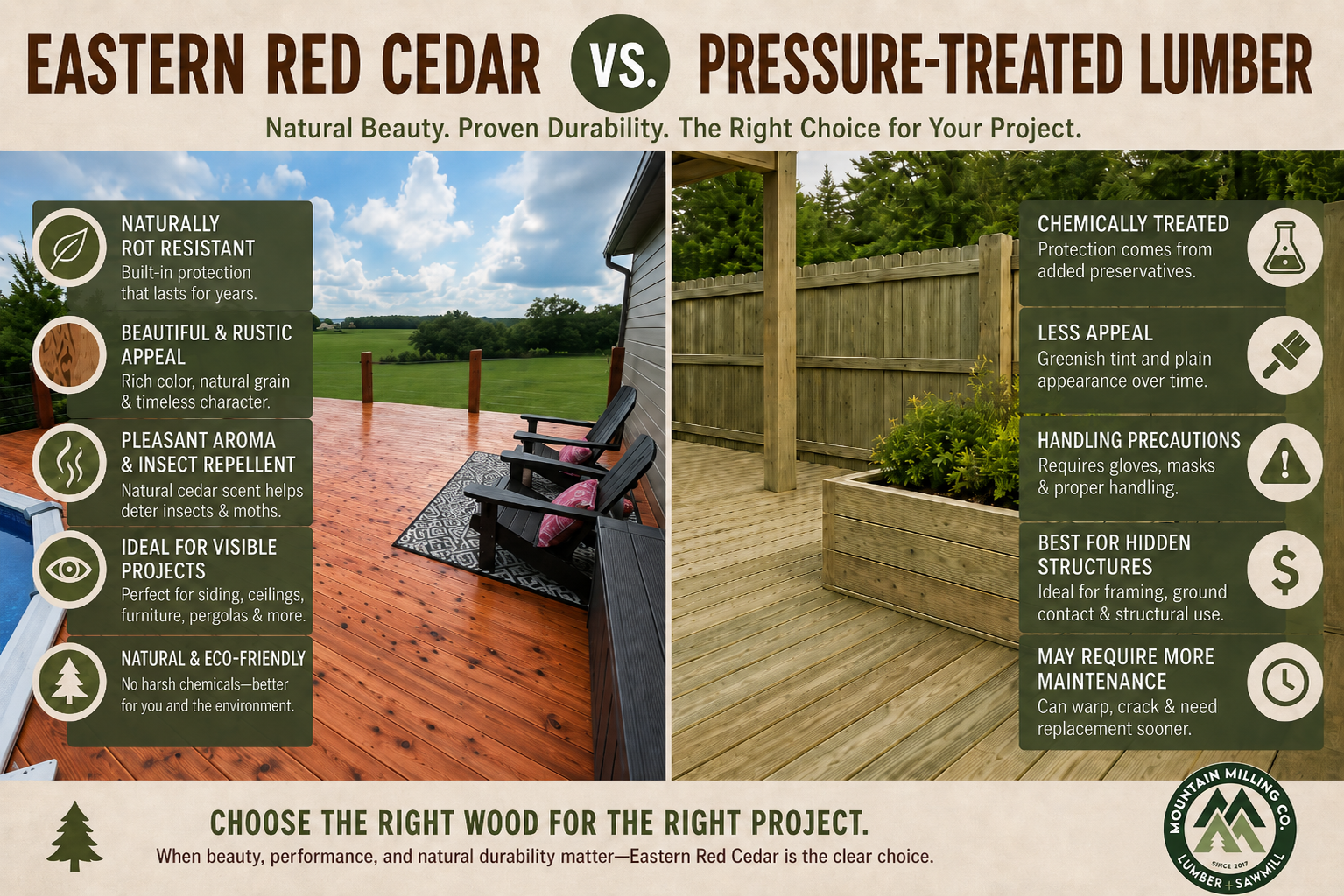 Infographic comparing Eastern Red Cedar and pressure-treated lumber. The Eastern Red Cedar side shows a warm cedar deck and highlights natural rot resistance, rustic beauty, cedar aroma, insect-repelling qualities, and visible project uses. The pressure-treated lumber side shows a treated wood fence and notes chemical treatment, plain appearance, handling precautions, hidden structural uses, and maintenance concerns. Mountain Milling Co. logo appears in the bottom right corner.